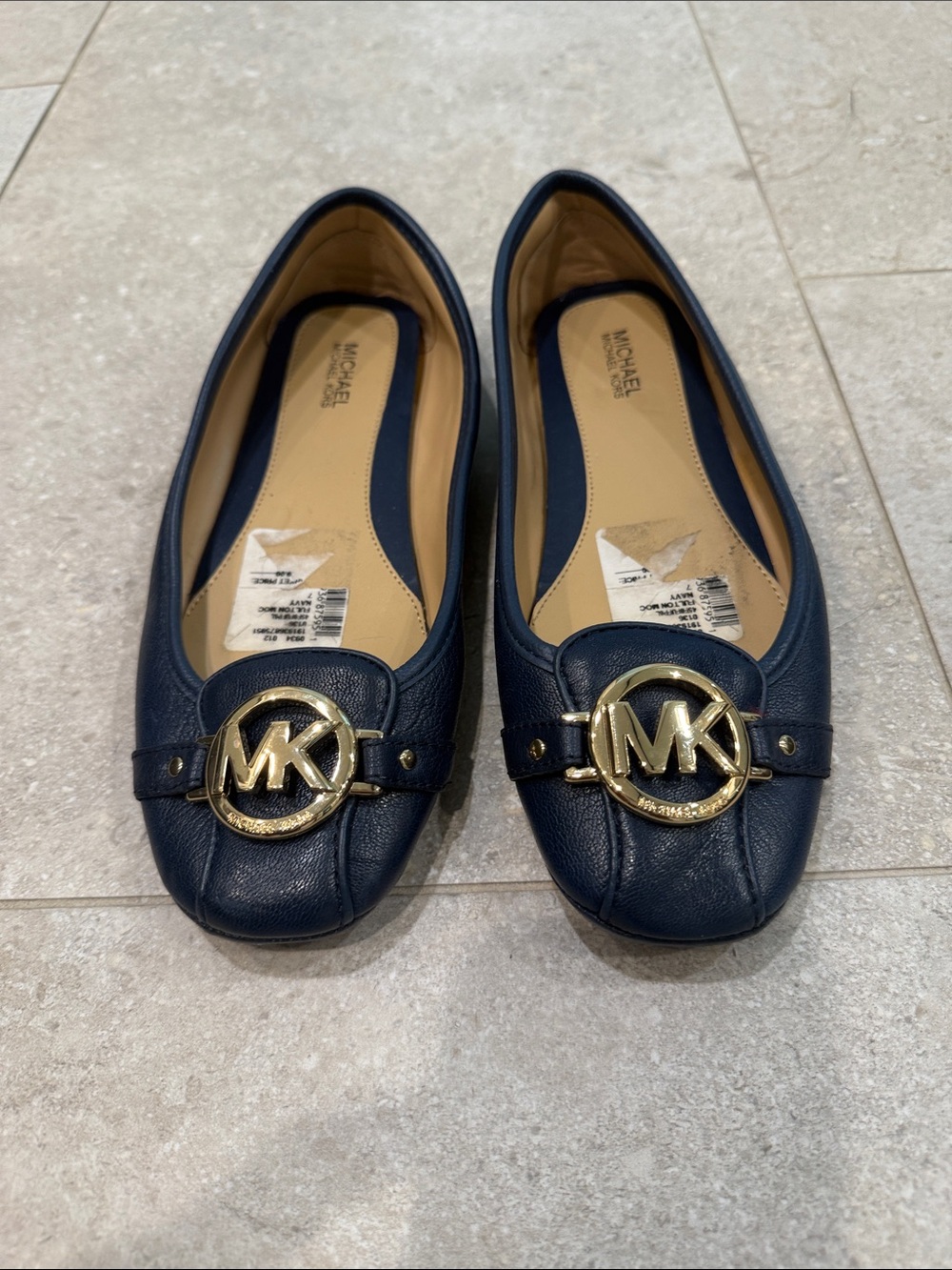 Michael Kors Fulton Navy Leather MK Logo Ballet Flats with Gold Hardware